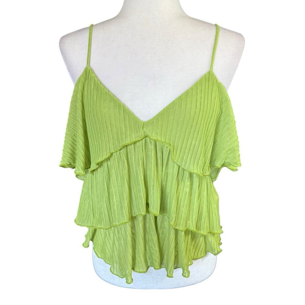 Zara Top Pleated Ruffle Lime Green L Fairy Whimsical Festival Indie Feminine NWT